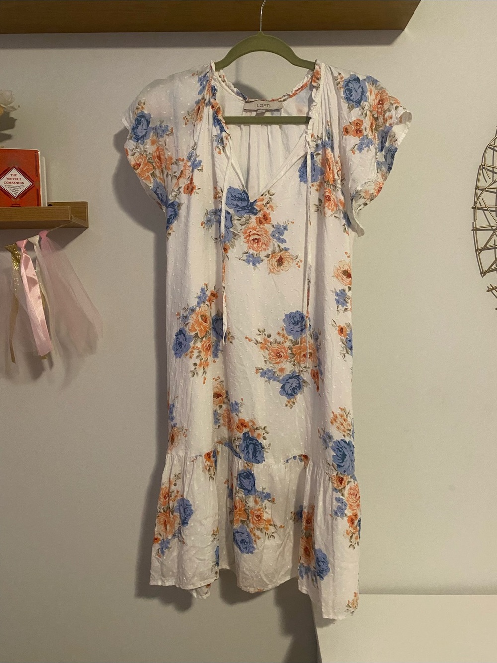LOFT Dot Dress with Blue and Peach Floral pattern